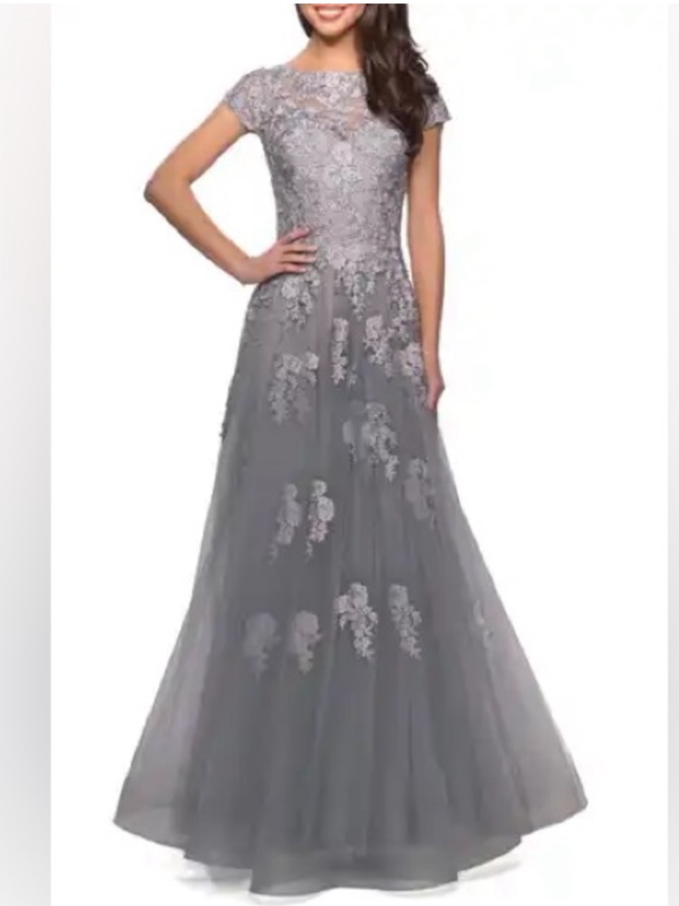 La Femme Floral Embellished Mesh A-Line Gown Gray Grey New Size 8